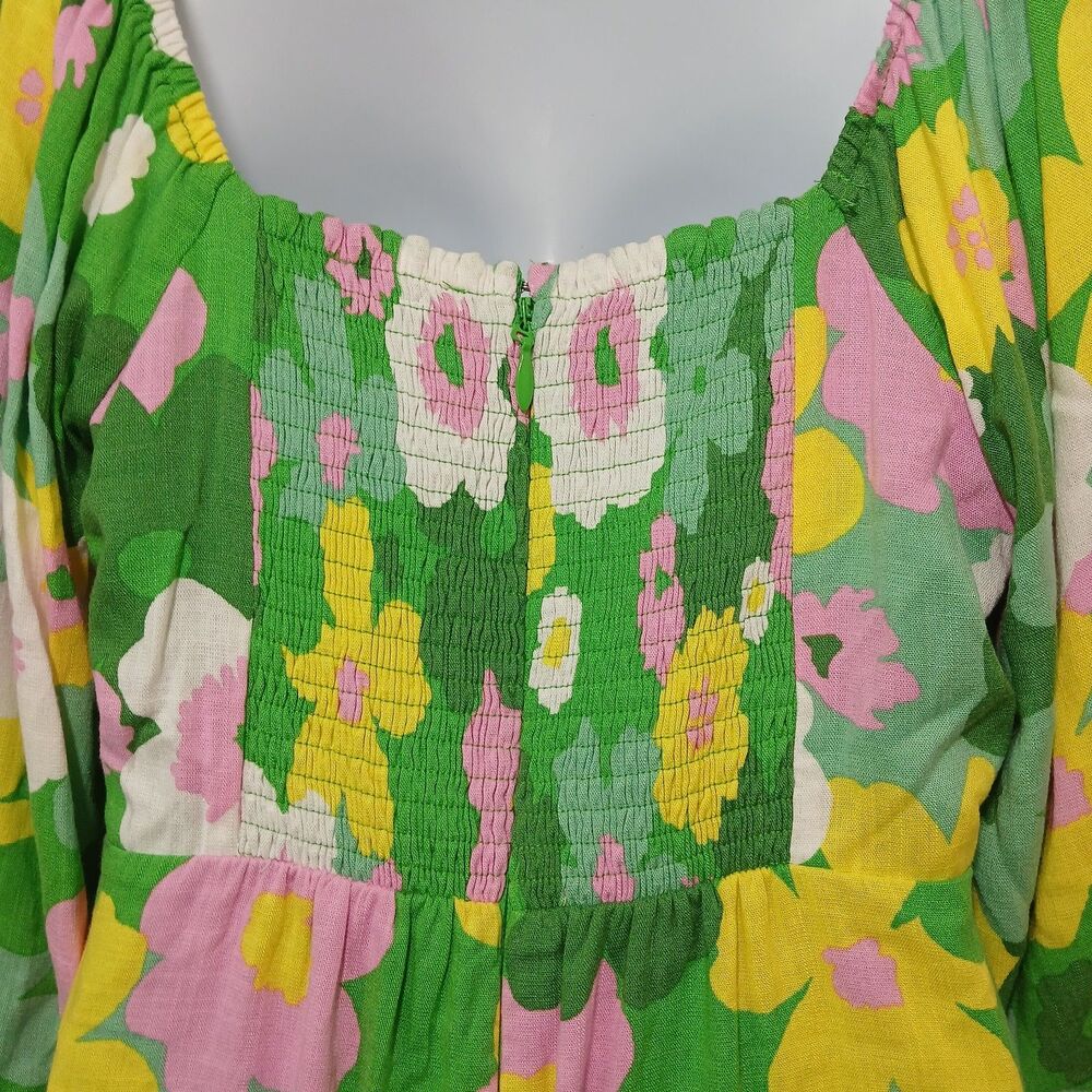 Sugarlips Women's Large Green Floral Mini Dress Puff Sleeve Square Neck - Picture 10 of 16